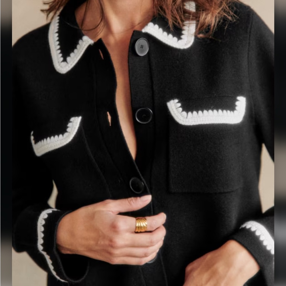 Sezane Black Sweater Jacket with White Trim - Picture 2 of 4